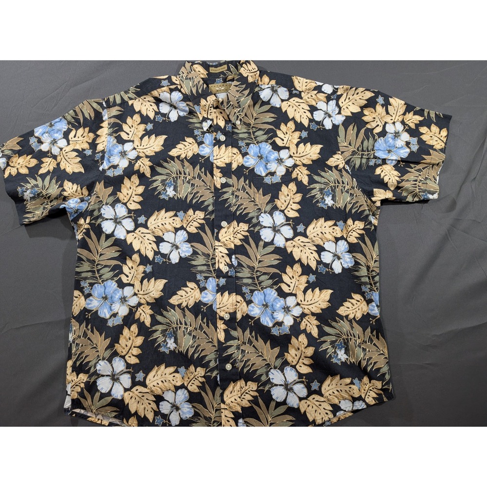 Natural Issue Mens L Black Floral Hibiscus Aloha Button Down Shirt Wrinkle Free